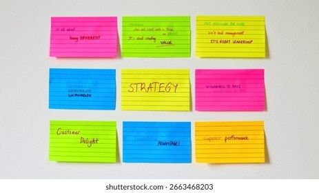 Färgade post-it-lappar med handskrivna ord om strategi och värde